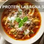 HIGH PROTEIN LASAGNA SOUP overhead bowl with reginetti, warm broth, pressed tomatoes, grated cheese