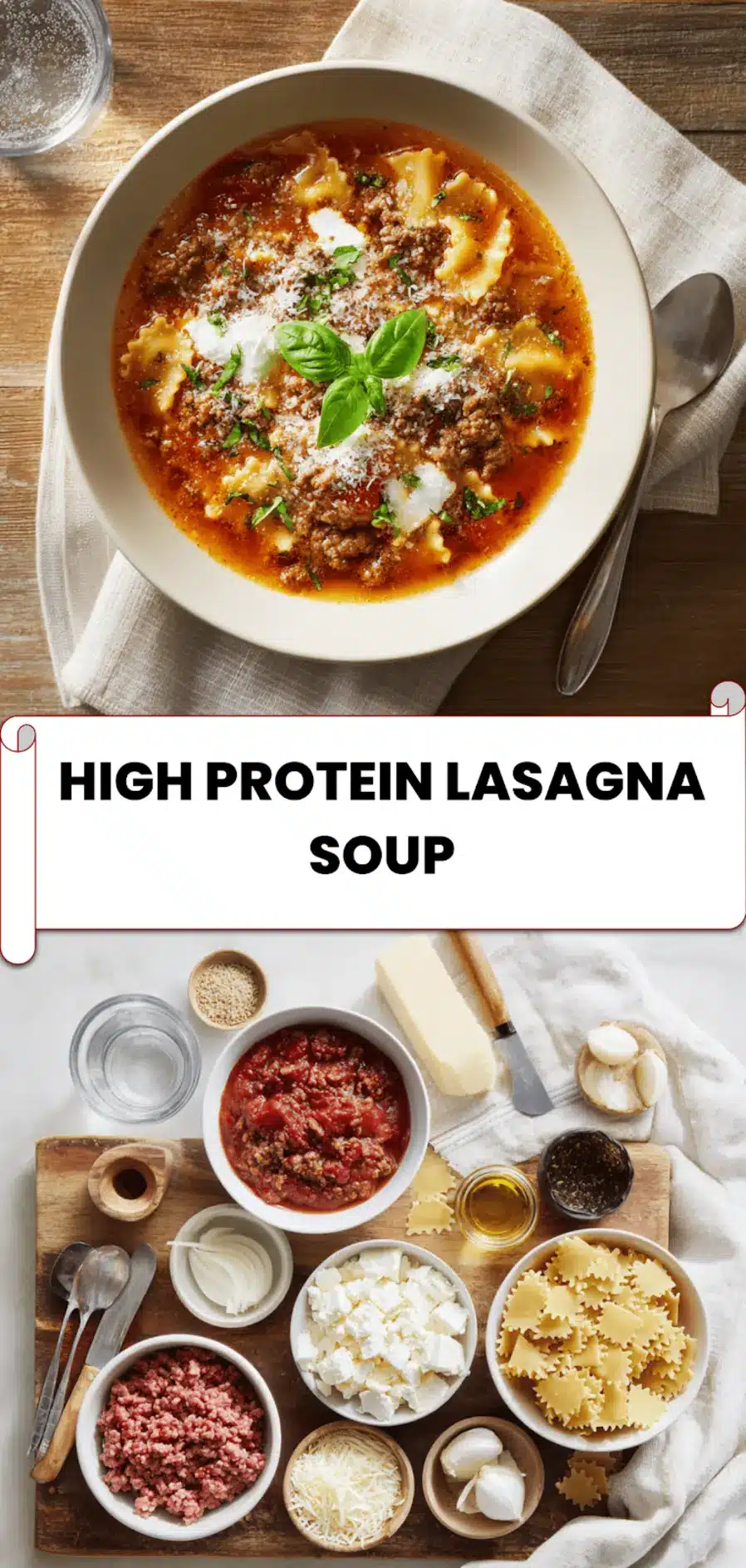 Finished HIGH PROTEIN LASAGNA SOUP with melted cheese, pasta swirls, and fresh herbs served in a bowl