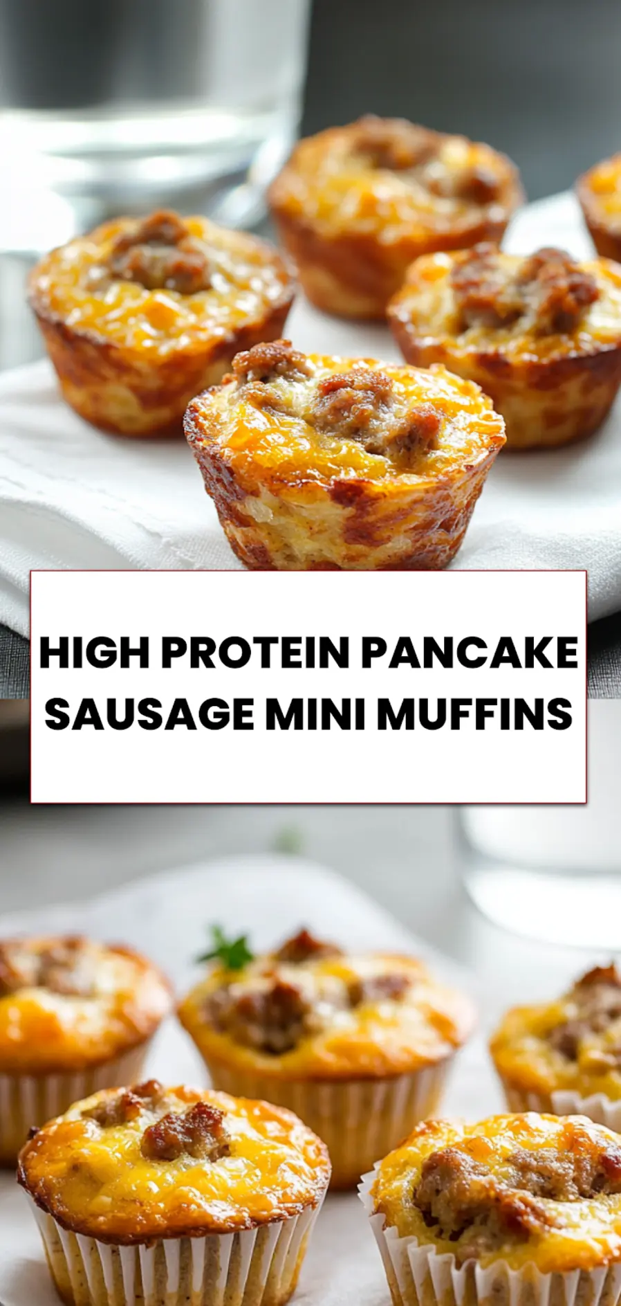 High-Protein Pancake Sausage Mini Muffins: Easy and Delicious Recipe 5 High protein pancake sausage mini muffins displayed on wooden board with melted cheese and golden crust