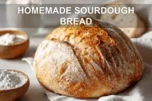 HOMEMADE SOURDOUGH BREAD golden crust loaf on white cloth with starter and glass of water