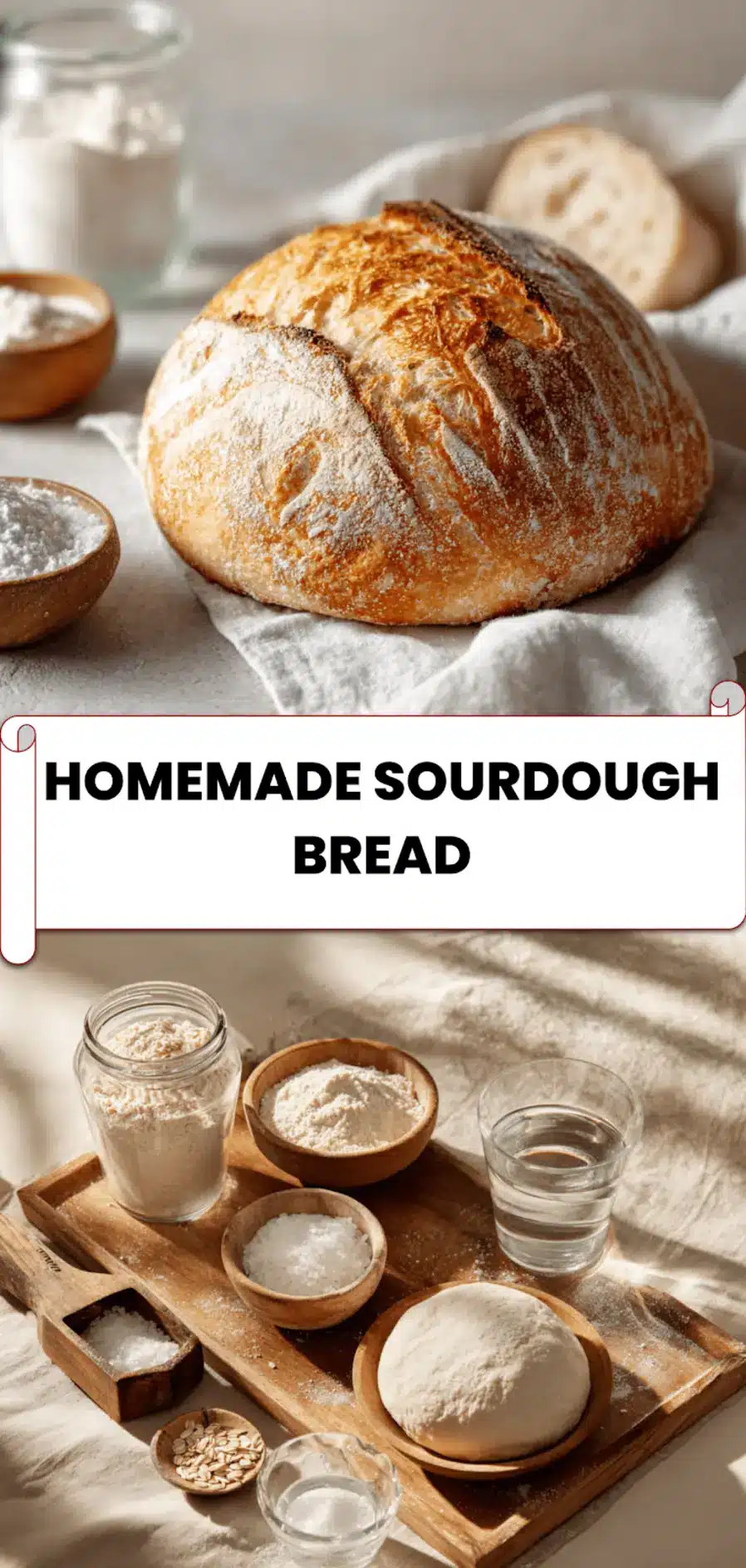 Crusty homemade sourdough bread on flour-dusted cloth next to starter and water jar