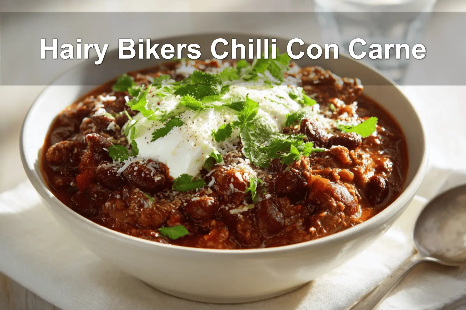 Hairy Bikers Chilli Con Carne hearty bowl on white napkin with glass of water