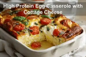 High Protein Egg Casserole with Cottage Cheese baked golden topped with cherry tomatoes and basil