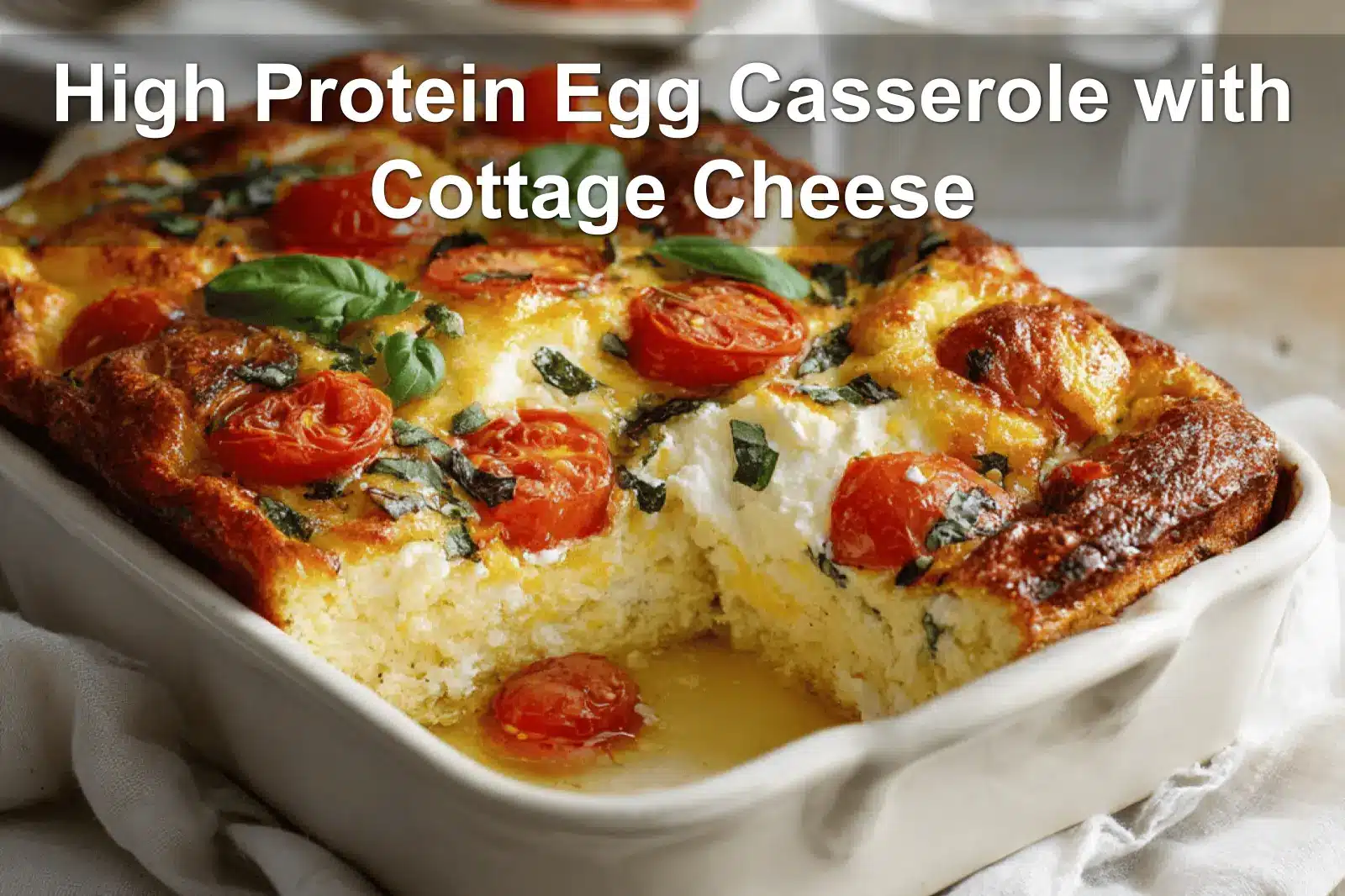 High Protein Egg Casserole with Cottage Cheese baked golden topped with cherry tomatoes and basil