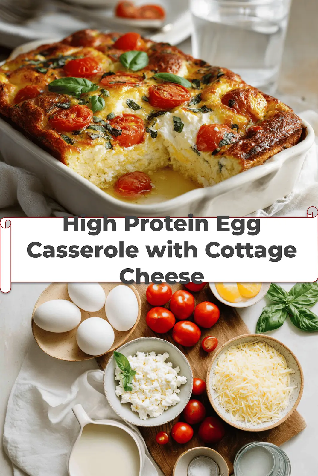High Protein Egg Casserole with Cottage Cheese: Delicious Way to Power Up 5 High Protein Egg Casserole with Cottage Cheese baked golden topped with cherry tomatoes and basil_pin