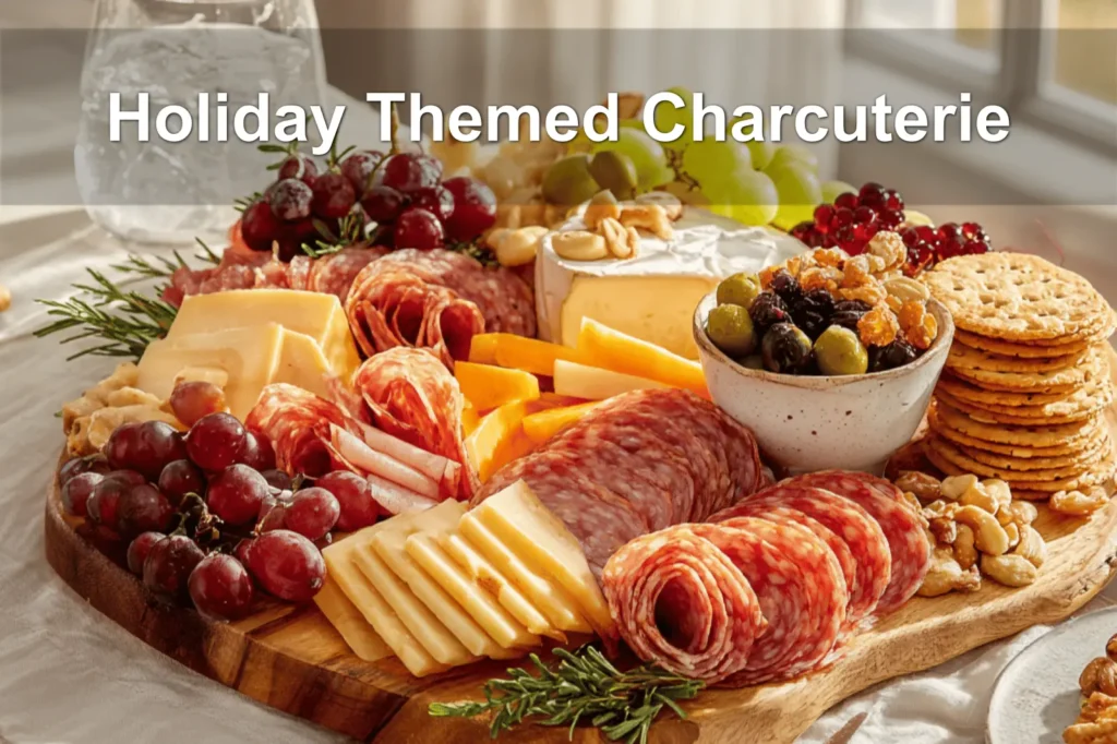 Holiday Themed Charcuterie board with salami prosciutto aged cheddar brie grapes apples and herbs