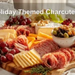 Holiday Themed Charcuterie board with salami prosciutto aged cheddar brie grapes apples and herbs