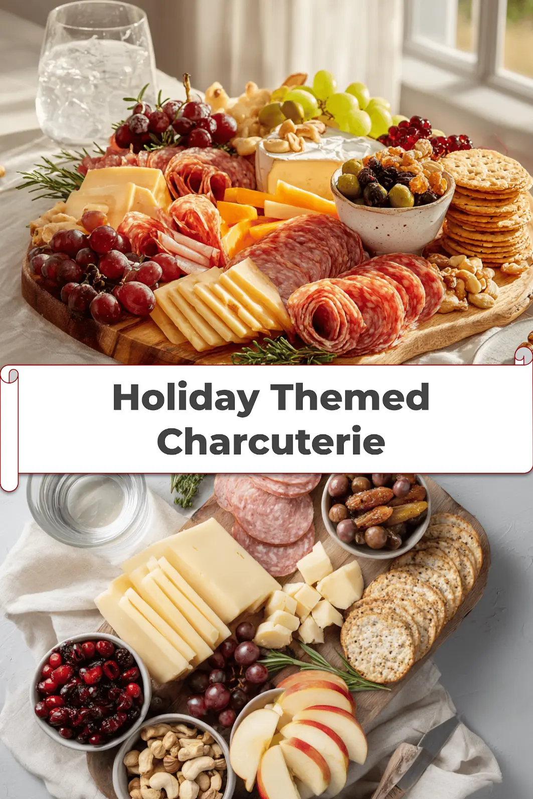 Holiday-Themed Charcuterie: Easy and Irresistible Ideas 5 Holiday Themed Charcuterie board with salami prosciutto aged cheddar brie grapes apples and herbs_pin