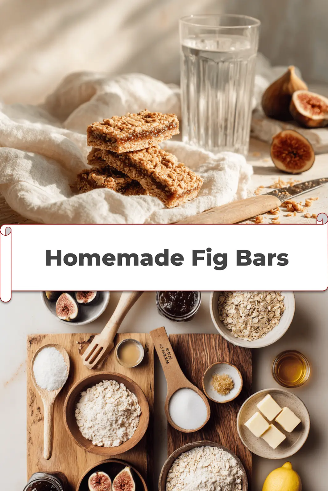 Homemade Fig Bars: Delicious Easy Recipe You Need 5 Homemade Fig Bars golden oat crust with fig jam filling styled on white cloth beside water_pin