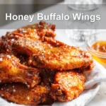 Honey Buffalo Wings on white cloth with clear water glass warm golden glaze and seasoning