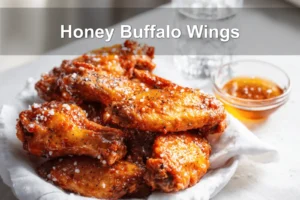 Honey Buffalo Wings on white cloth with clear water glass warm golden glaze and seasoning