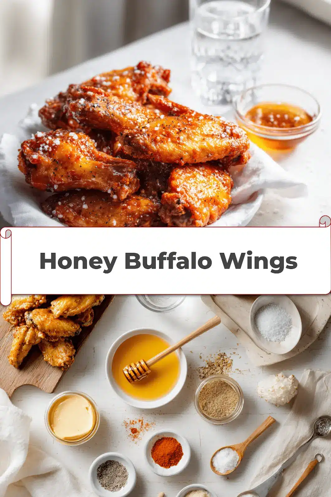 Honey Buffalo Wings: Easy and Irresistibly Delicious 5 Honey Buffalo Wings on white cloth with clear water glass warm golden glaze and seasoning_pin