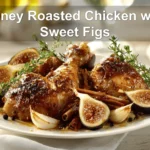 Honey Roasted Chicken with Sweet Figs: Easy to Love Meal 6 Honey Roasted Chicken with Sweet Figs plated on white cloth napkin with figs and honey jar