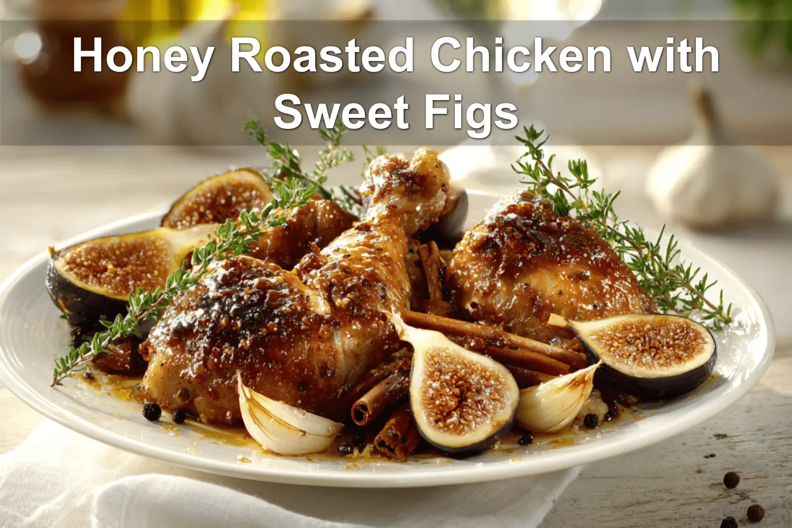 Honey Roasted Chicken with Sweet Figs plated on white cloth napkin with figs and honey jar