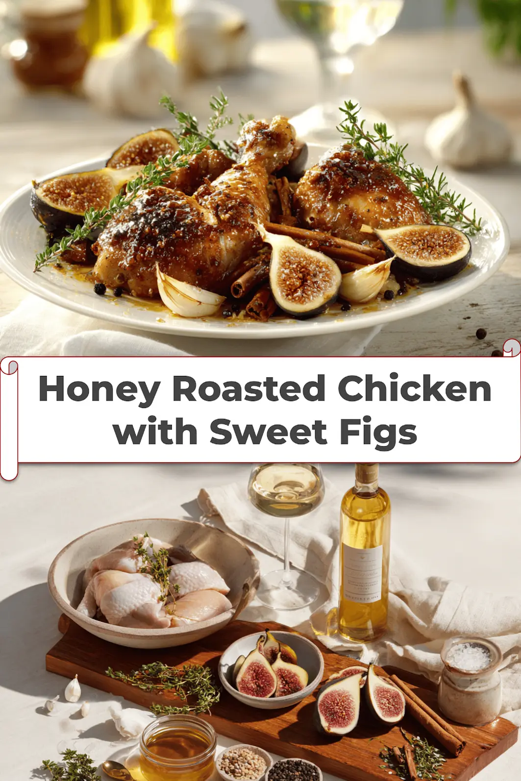 Honey Roasted Chicken with Sweet Figs: Easy to Love Meal 5 Honey Roasted Chicken with Sweet Figs plated on white cloth napkin with figs and honey jar_pin