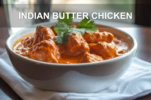 Indian Butter Chicken: Easy and Delicious Recipe INDIAN BUTTER CHICKEN bowl on white napkin with warm sauce and glass of water