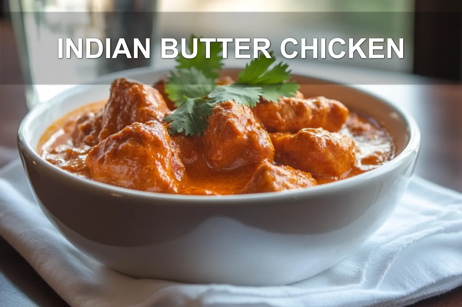 INDIAN BUTTER CHICKEN bowl on white napkin with warm sauce and glass of water