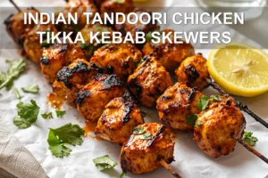 INDIAN TANDOORI CHICKEN TIKKA KEBAB SKEWERS on skewers with lemon halves and fresh herbs
