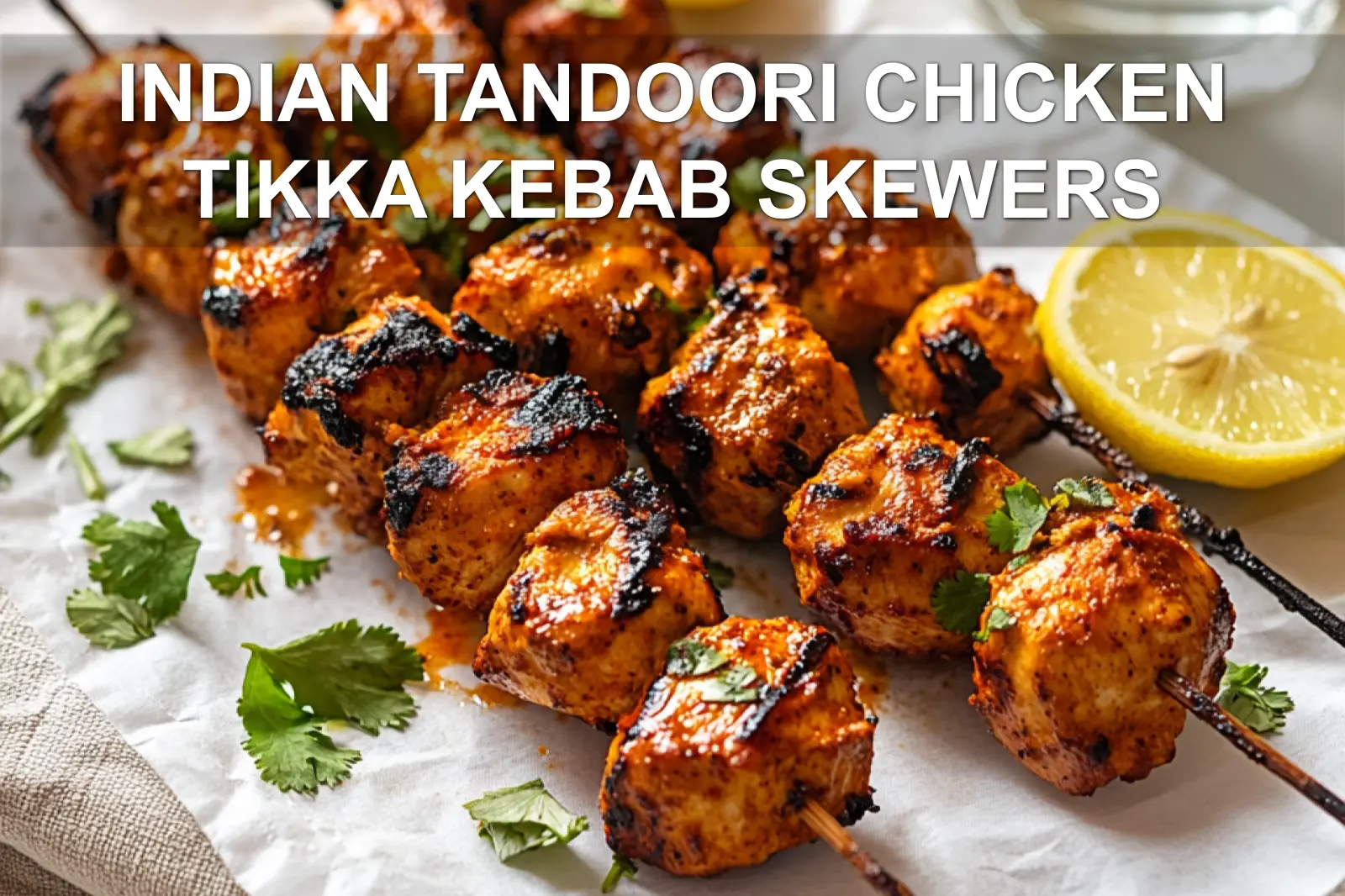 INDIAN TANDOORI CHICKEN TIKKA KEBAB SKEWERS on skewers with lemon halves and fresh herbs