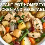 INSTANT POT HOMESTYLE CHICKEN AND VEGETABLES comforting stew in a warm inviting overhead hero photo
