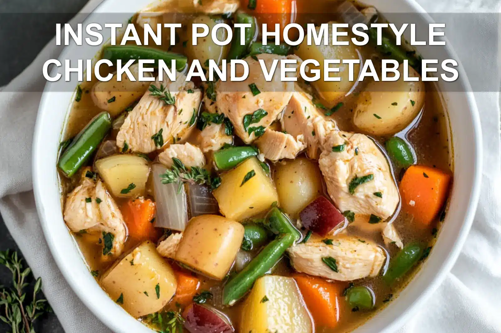INSTANT POT HOMESTYLE CHICKEN AND VEGETABLES comforting stew in a warm inviting overhead hero photo