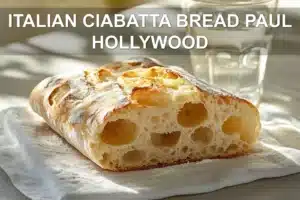 ITALIAN CIABATTA BREAD PAUL HOLLYWOOD rustic torn loaf on white napkin with glass of water