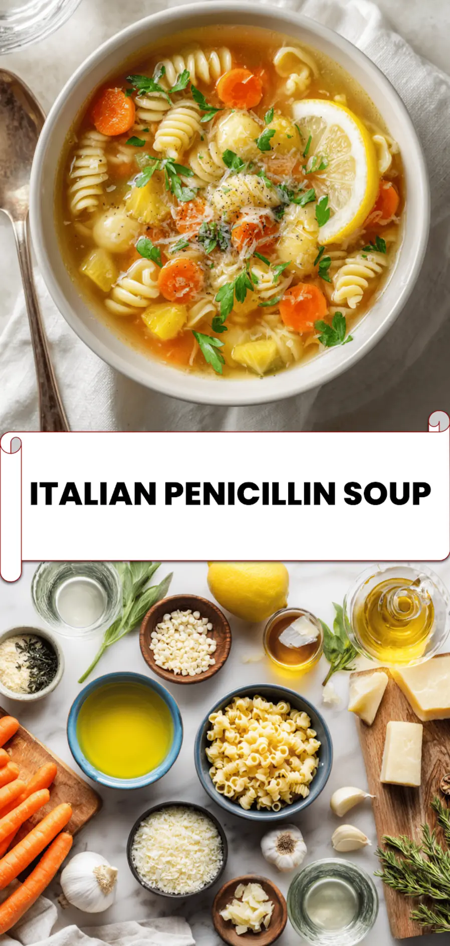 Italian Penicillin Soup: Delicious Easy Recipe 5 Final serving of Italian Penicillin Soup garnished with lemon and parsley, in a white bowl on a cloth napkin