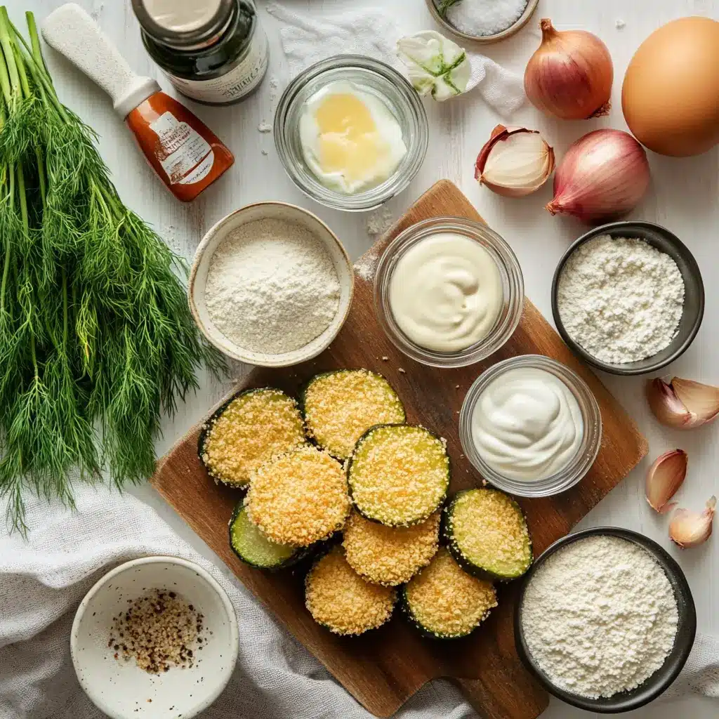 Air Fryer Fried Pickles: Perfect Recipe for Delicious Snacking 4 Ingredients for air fryer fried pickles including sliced pickles, panko, eggs, and spices