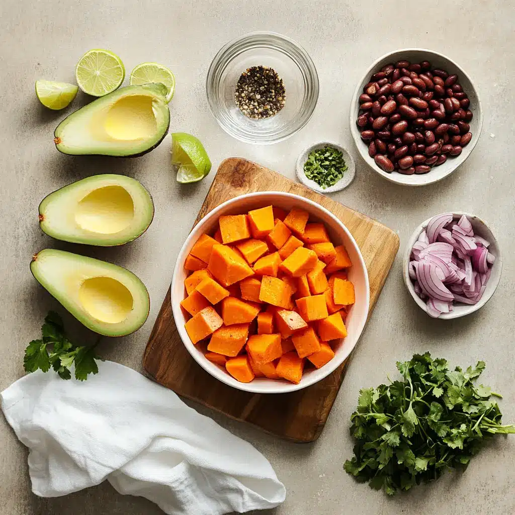 Beef and Sweet Potato Power Bowl: Delicious and Easy Recipe 4 Ingredients for beef and sweet potato power bowl including sirloin steak, roasted sweet potatoes, black beans, corn, bell peppers, and avocado