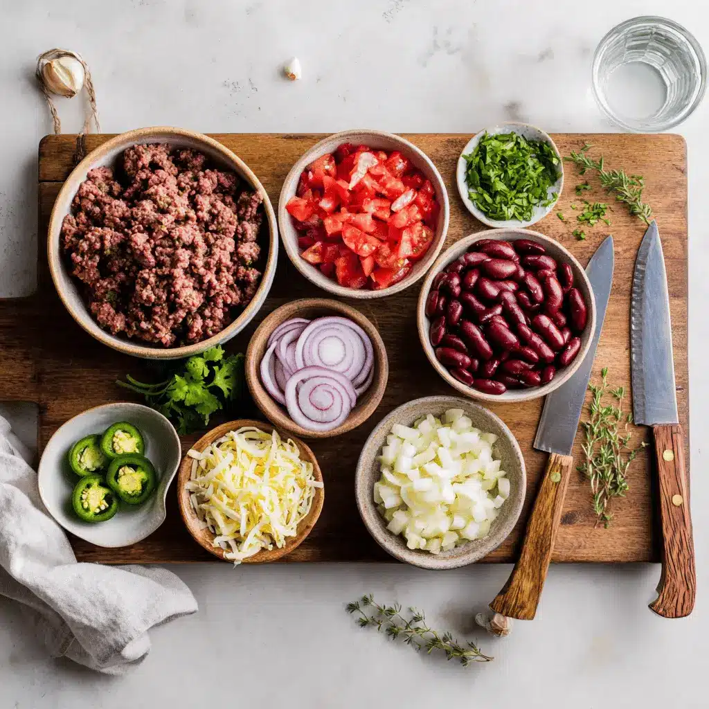 Beef Chili Recipe: Easy Delicious Comfort Meal 4 Beef Chili Recipe hearty bowl with shredded cheese fresh herbs jalapeños on white napkin