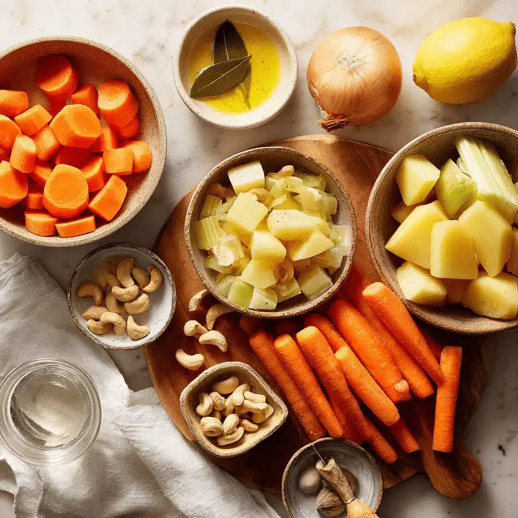 Carrot Potato Soup - Simple and Delicious Recipe 4 Ingredients for creamy vegan carrot potato soup arranged on a marble counter
