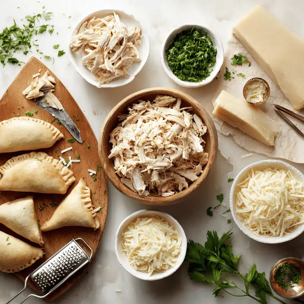 Cheesy Chicken Crescent Rolls: Easy Delicious Supper 4 Ingredients laid out for making cheesy chicken crescent rolls, showing shredded chicken, cheese, parsley and crescent dough