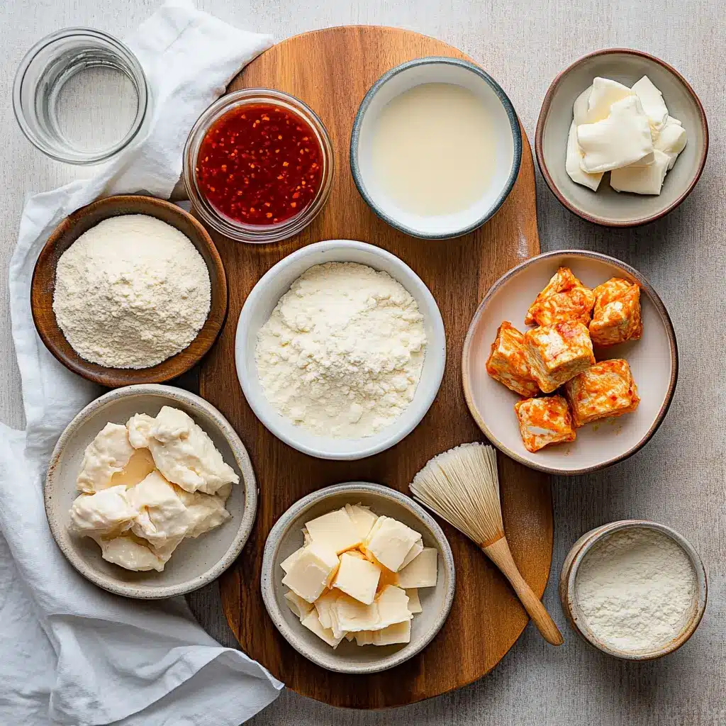 Cheesy Dynamite Chicken Buns: Easy and Irresistible! 4 Cheesy Dynamite Chicken Buns ingredients laid out including flour, chicken, Parmesan, chili sauce and bun dough