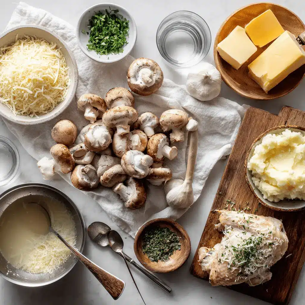Cheesy Garlic Butter Mushroom Stuffed Chicken: Easy and Delicious 4 Ingredients laid out for cheesy garlic butter mushroom stuffed chicken including cremini mushrooms, chicken breasts, garlic, Parmesan, fresh parsley, and butter