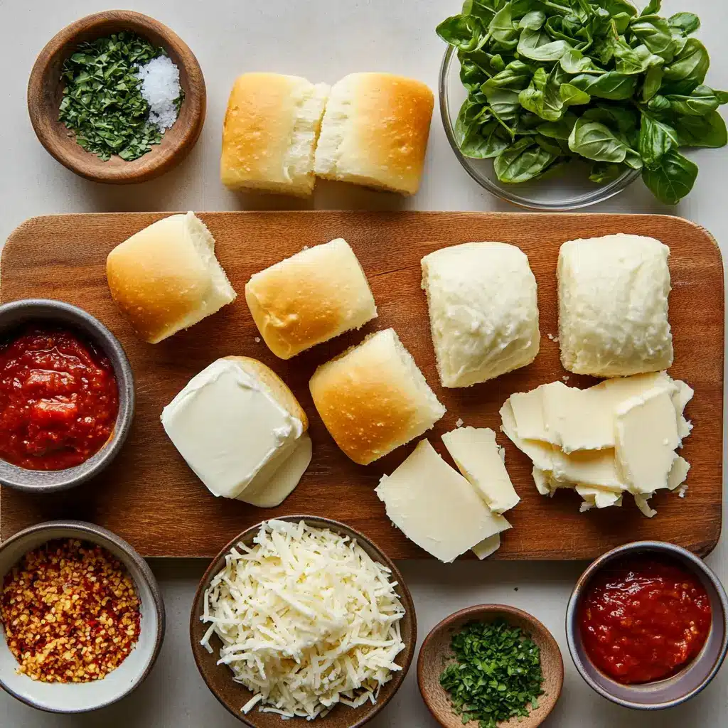 Cheesy Garlic Monkey Bread: Irresistible Pull Apart 4 Preparation ingredients for cheesy garlic monkey bread including frozen rolls, butter, garlic, herbs, and shredded cheese
