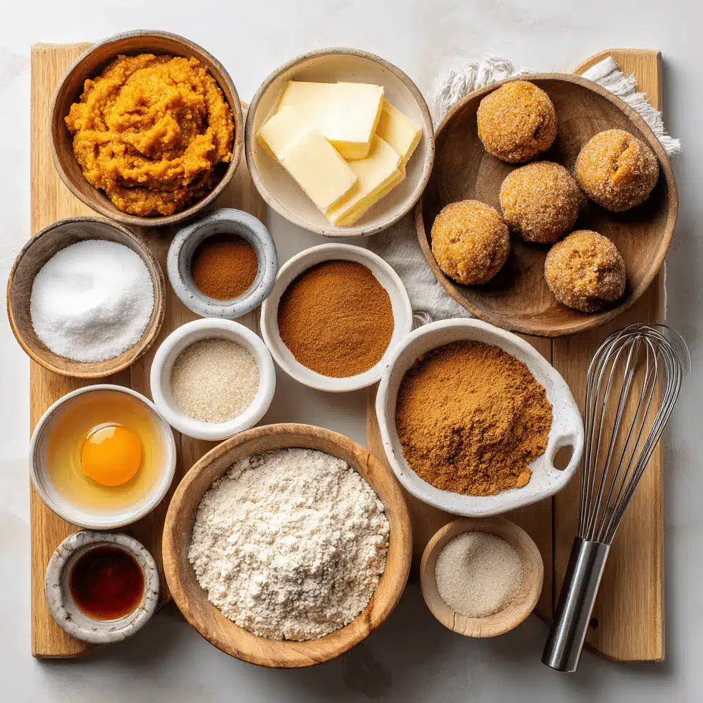 Chewy Pumpkin Snickerdoodle Cookies: Irresistibly Soft and Easy Recipe 4 Chewy Pumpkin Snickerdoodle Cookies ingredients including pumpkin puree, butter, sugar and spices displayed on a white counter