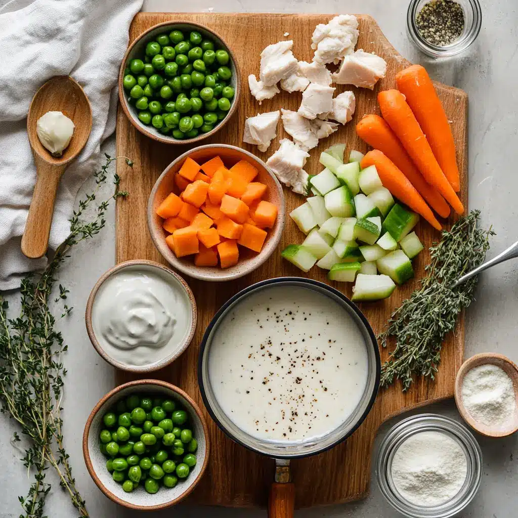 Chicken Pot Pie Soup Recipe: Delicious Comfort in a Bowl 4 Ingredients for chicken pot pie soup recipe including chicken, carrots, celery, thyme, and heavy cream