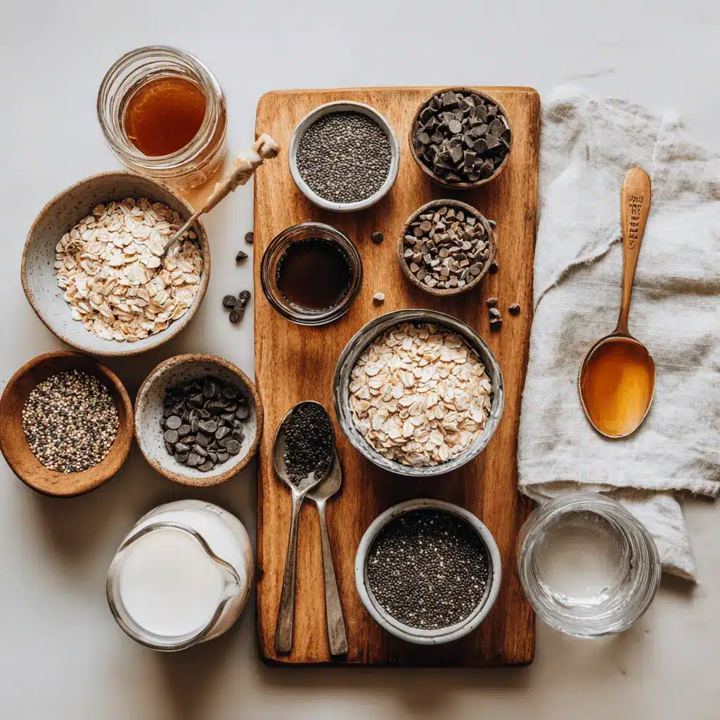 Chocolate Chip Overnight Oats: Easy Irresistible Recipe 4 Ingredients for chocolate chip overnight oats including oats, plant milk, maple syrup and mini vegan chocolate chips in a bright kitchen setting