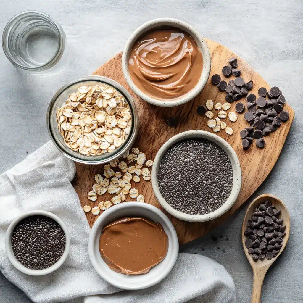 Chocolate Peanut Butter Protein Overnight Oats: Easy & Delicious 4 Ingredients for chocolate peanut butter protein overnight oats laid on kitchen counter