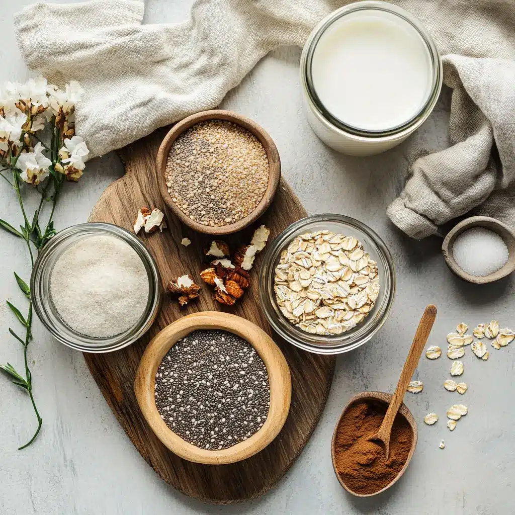 Cinnamon Roll Protein Overnight Oats: Simple and Delicious Recipe 4 Ingredients for Cinnamon Roll Protein Overnight Oats displayed on kitchen counter including rolled oats, chia seeds, vanilla protein powder, cinnamon, and milk