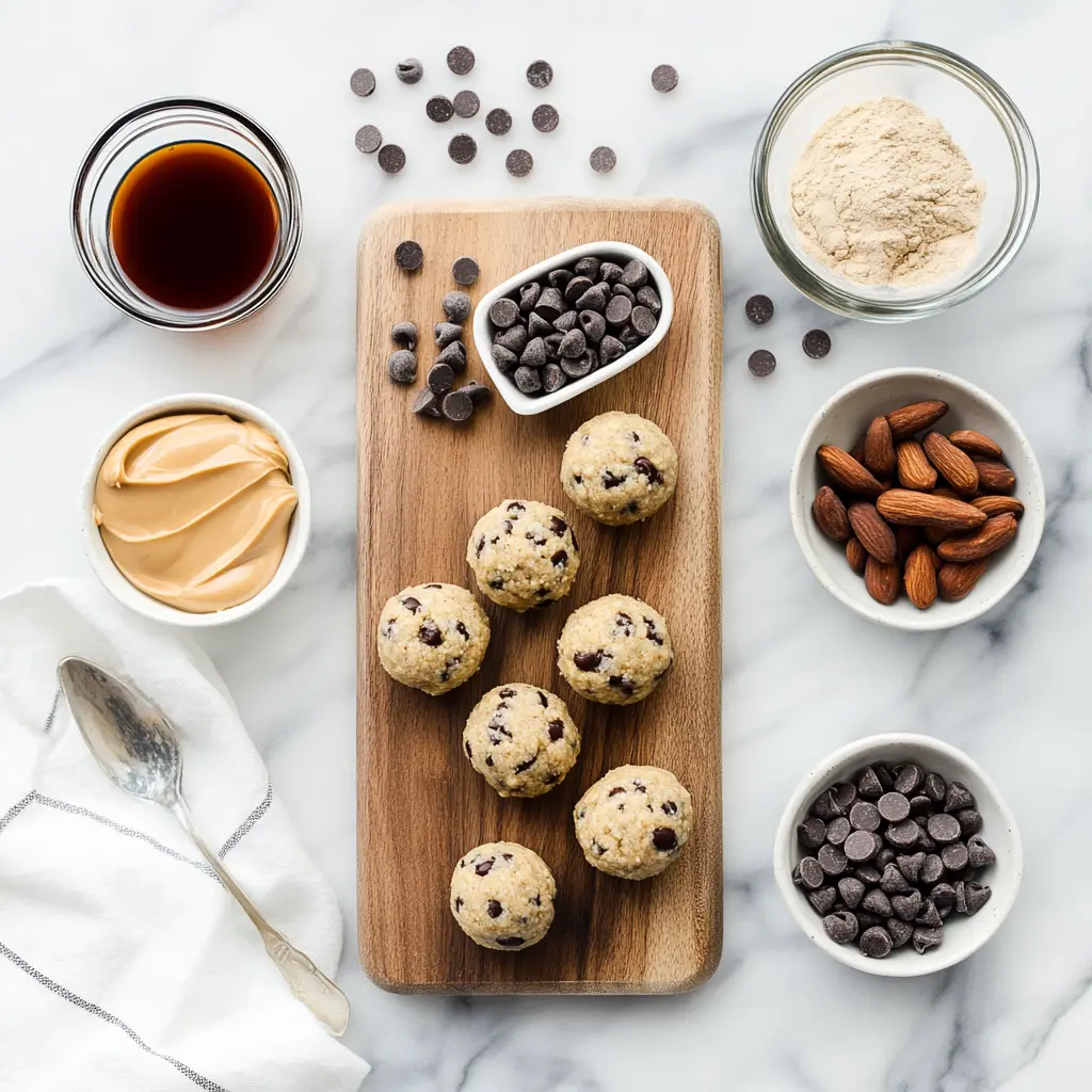 Cookie Dough Protein Balls: Easy Delicious Recipe 4 Overhead view of cookie dough protein balls ingredients in white ceramic bowl on textured cloth with natural lighting