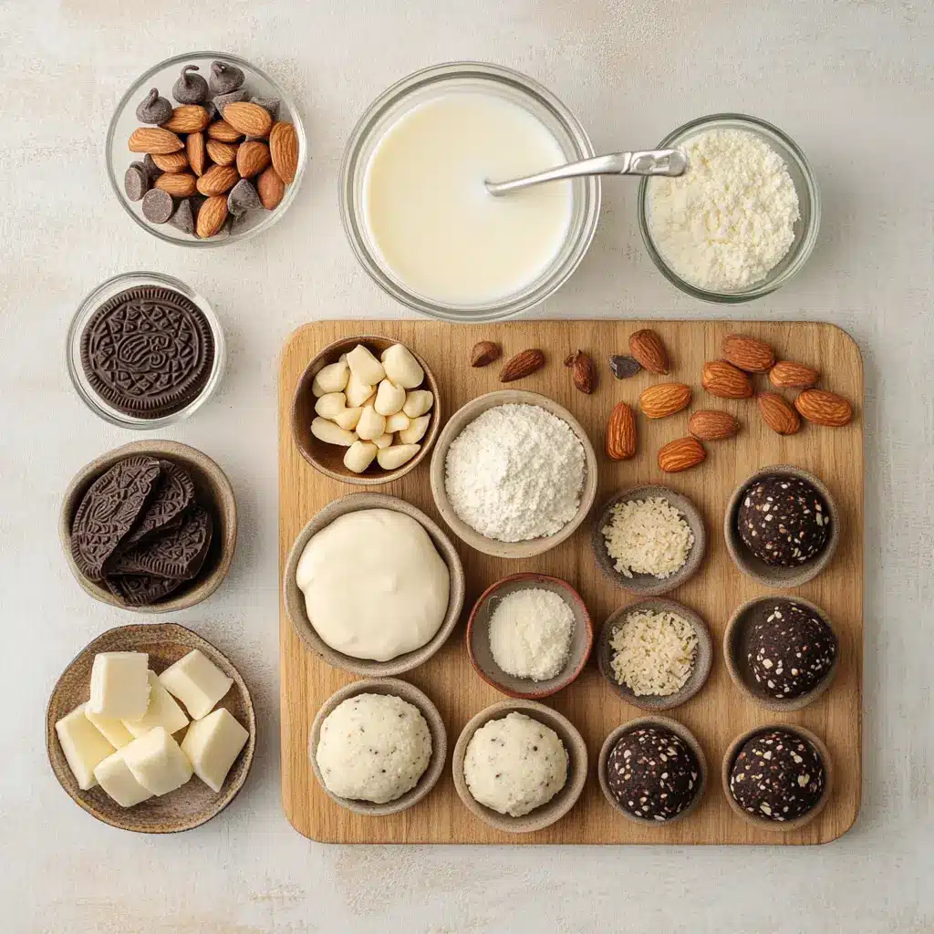 Cream Cheese Oreo Protein Balls: Delicious and Easy Snacks 4 Cream Cheese Oreo Protein Balls ingredients on white napkin under natural light