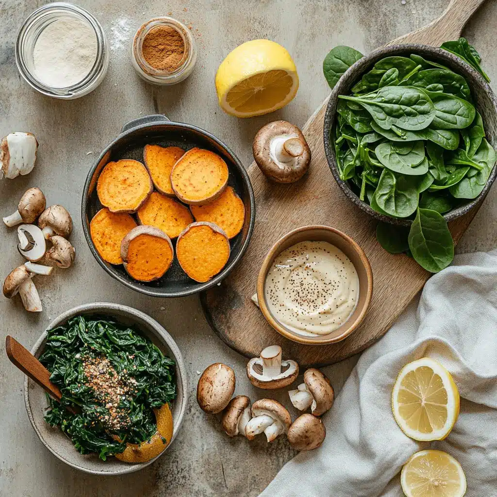 Creamy Mushroom and Spinach Stuffed Sweet Potatoes - Easy & Irresistible 4 Bowl of ingredients for creamy mushroom and spinach stuffed sweet potatoes including sweet potatoes, mushrooms, tahini, spinach, and fresh lemon