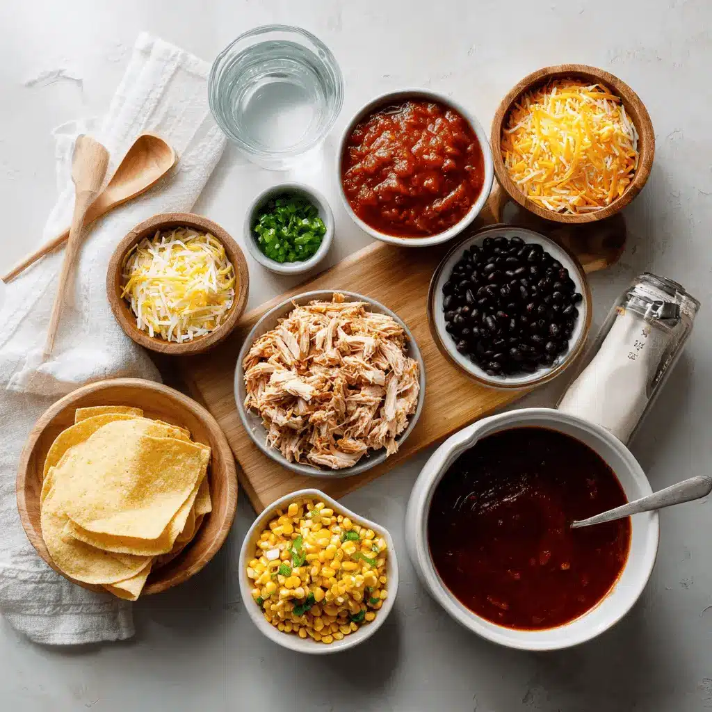 Crockpot Chicken Enchilada Casserole: Easy and Delicious 4 Crockpot Chicken Enchilada Casserole ingredients laid out for prep, including chicken, cheese, beans, and tortillas