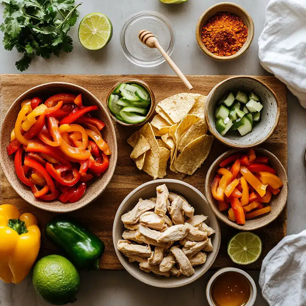 Crockpot Chicken Fajita: Easy and Delicious Recipe 4 Ingredients for crockpot chicken fajitas including bell peppers, chicken, lime, taco seasoning, and tortillas arranged on a counter