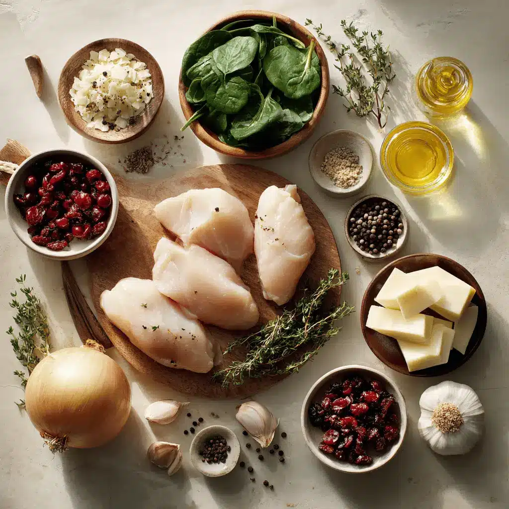 Cranberry and Brie Stuffed Chicken: Easy Delicious Recipe 4 Close-up of ingredients for Cranberry and Brie Stuffed Chicken, including spinach, thyme, and chicken breasts