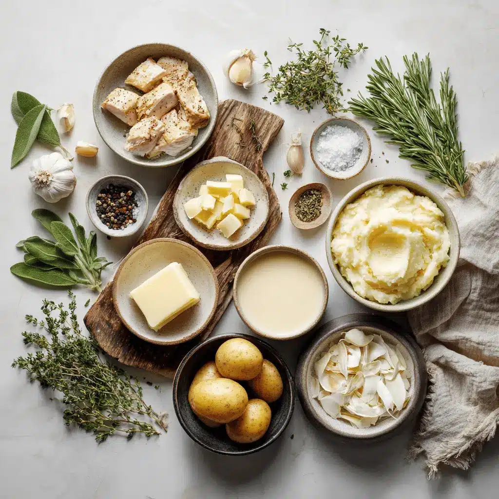 Creamy Garlic Chicken & Mash Recipe: Irresistible Comfort Food 4 Ingredients for Creamy Garlic Chicken Mash laid out on counter with potatoes, garlic, cream, and herbs