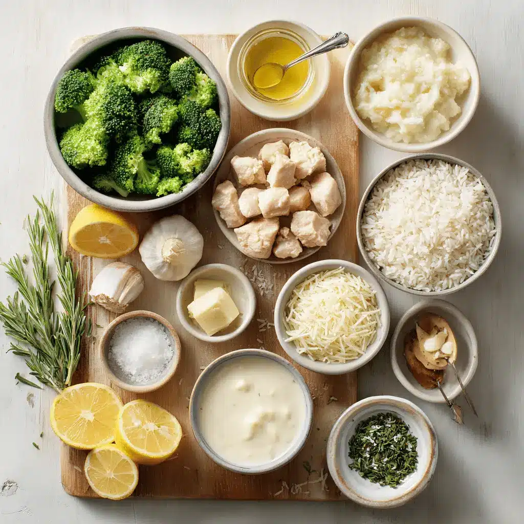 Creamy Garlic Chicken and Broccoli Skillet: Easy & Comforting 4 Ingredients laid out for making Creamy Garlic Chicken and Broccoli Skillet including fresh garlic, broccoli, chicken breast, butter, and cream soup in bowls