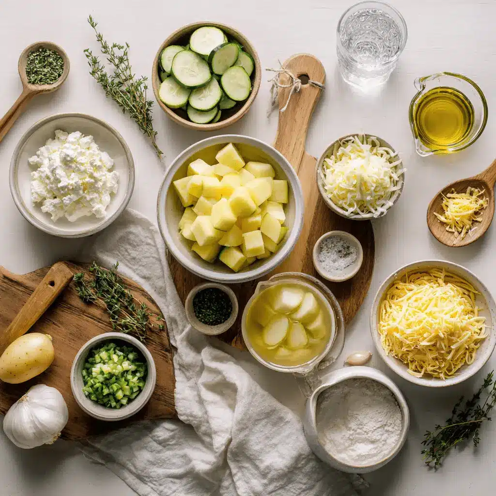 Creamy Potato and Zucchini Soup: Easy, Delicious Recipe 3 Creamy Potato and Zucchini Soup in white bowl on linen garnished with thyme and melted cheddar