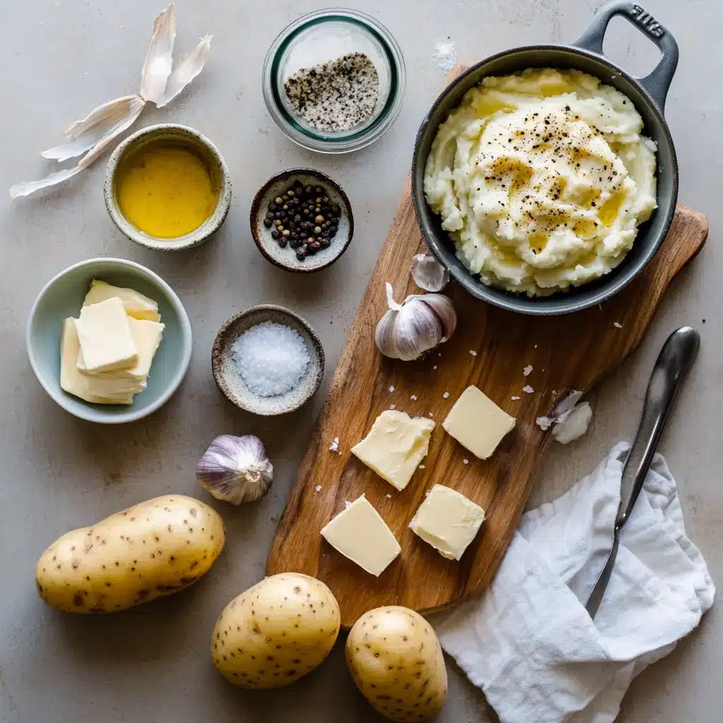 Garlic Mashed Potatoes: Easy Recipe for Comforting Joy 4 Ingredients for garlic mashed potatoes: Yukon and Russet potatoes, roasted garlic, butter, heavy cream, olive oil, Parmigiano, sea salt